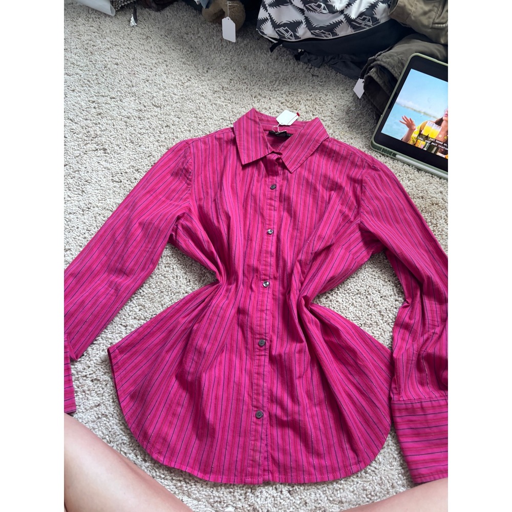 Pink Striped Button Down Shirt Long Sleeve Metallic Fuchsia Blouse XL Attention
